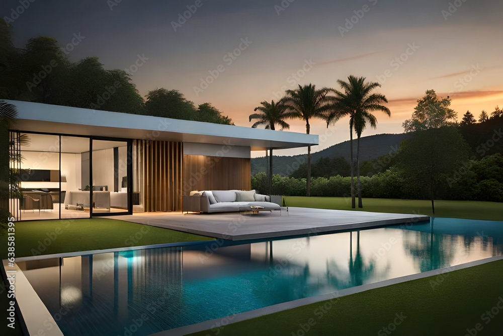 Fototapeta premium Modern House with swimming pool at sunset.