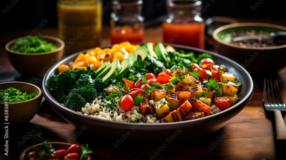 Buddha Bowl Magic: Creating a Colorful and Well-Balanced Health Food Masterpiece. Generative AI. Buddha Bowl Magic: Creating a Colorful and Well-Balanced Health Food Masterpiece. Generative AI.