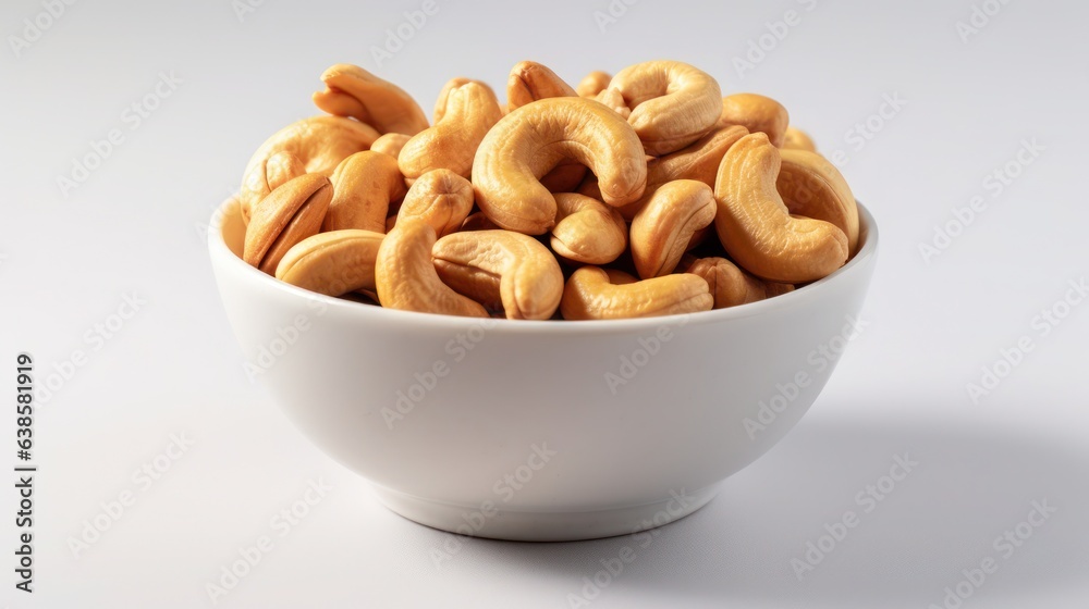 Cashews in a bowl on a white background, created by Generative AI Cashews in a bowl on a white background, created by Generative AI