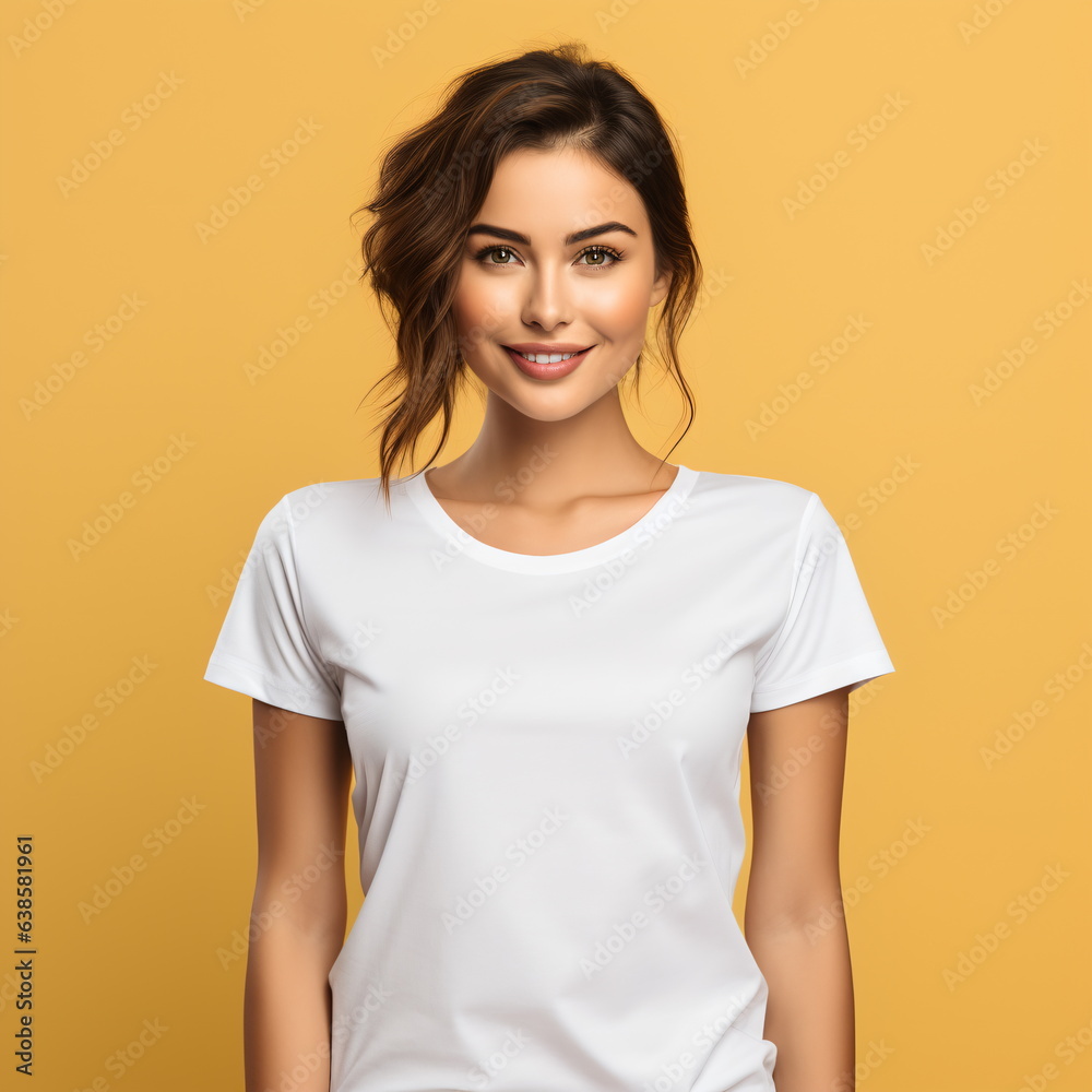 Sexy woman in a white T-shirt on the orange background. Mock-up. Sexy woman in a white T-shirt on the orange background. Mock-up.