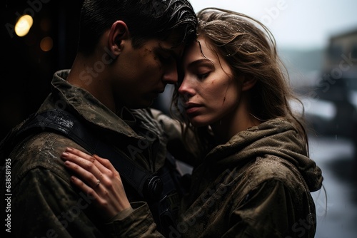 Woman and soldier in a military uniform say goodbye before a separation. Generative AI © piai