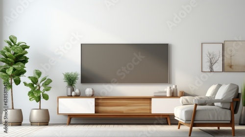 Front view of a modern minimalist living room. White wall with flat TV and posters, TV stand, comfortable armchair, green plants in floor pots, home decor. Mockup, 3D rendering. © Georgii