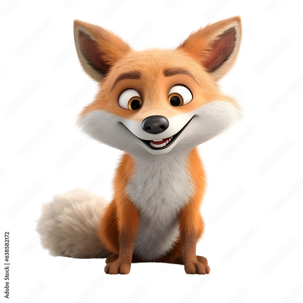 3D rendering of a cute cartoon fox sitting isolated on white background