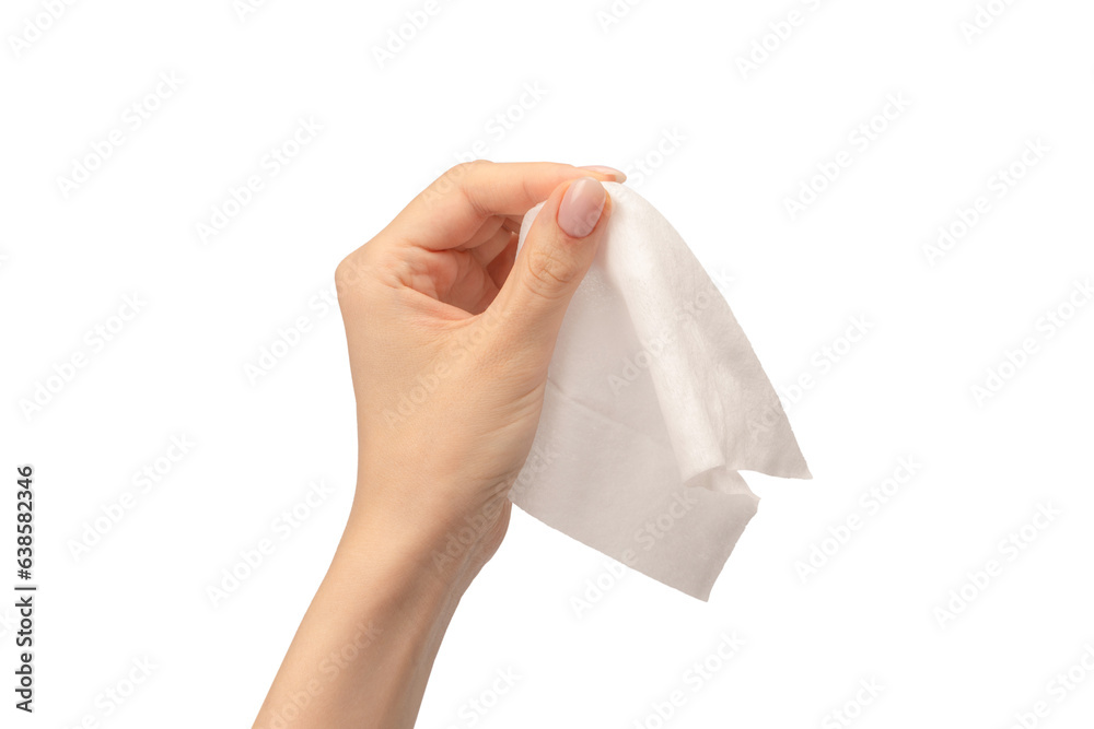 Wet wipe in a woman hand isolated on a white background. Wet wipe in a woman hand isolated on a white background.