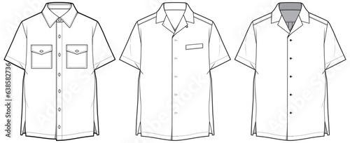 Men's short sleeve hawaiian resort shirt flat sketch illustration, Cuban collar mens aloha shirt for safari casual wear fashion illustration template mock up
