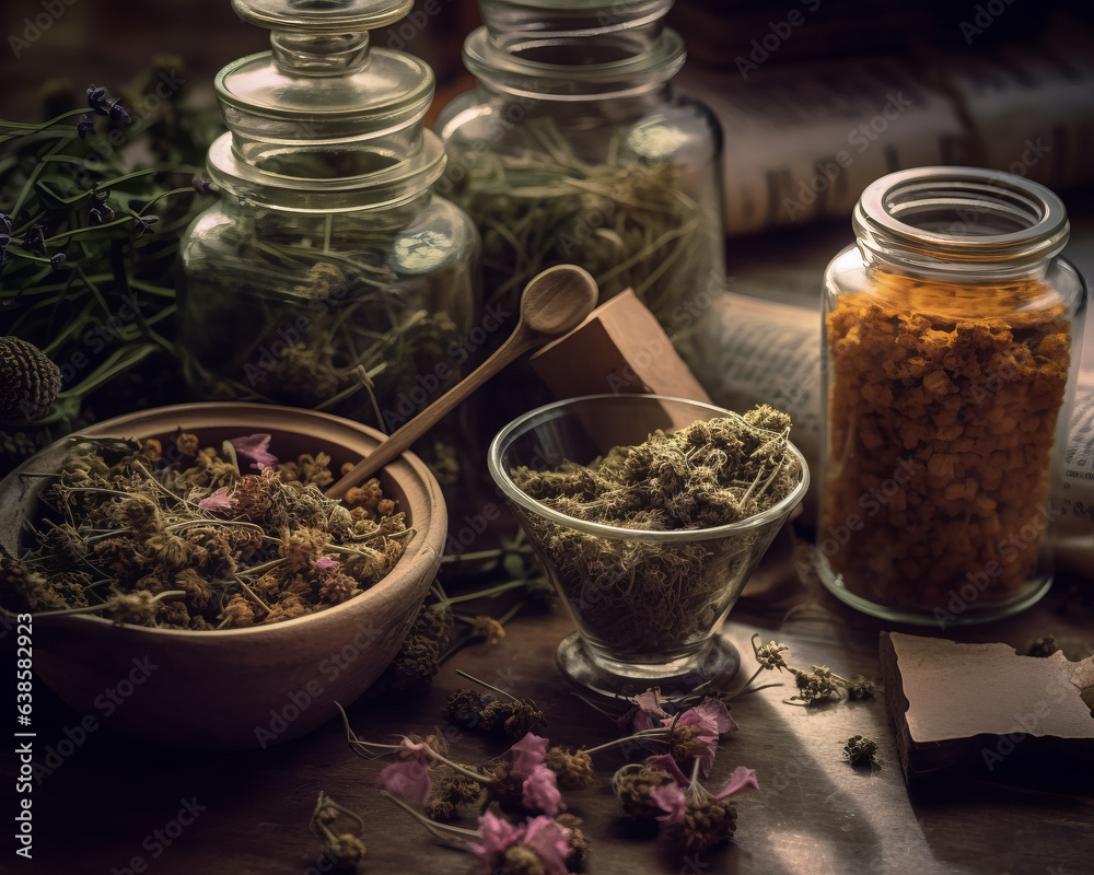Alternative wellness practice with fresh herbs and herbal bottles on a dark background. Alternative medicine. Generative AI.