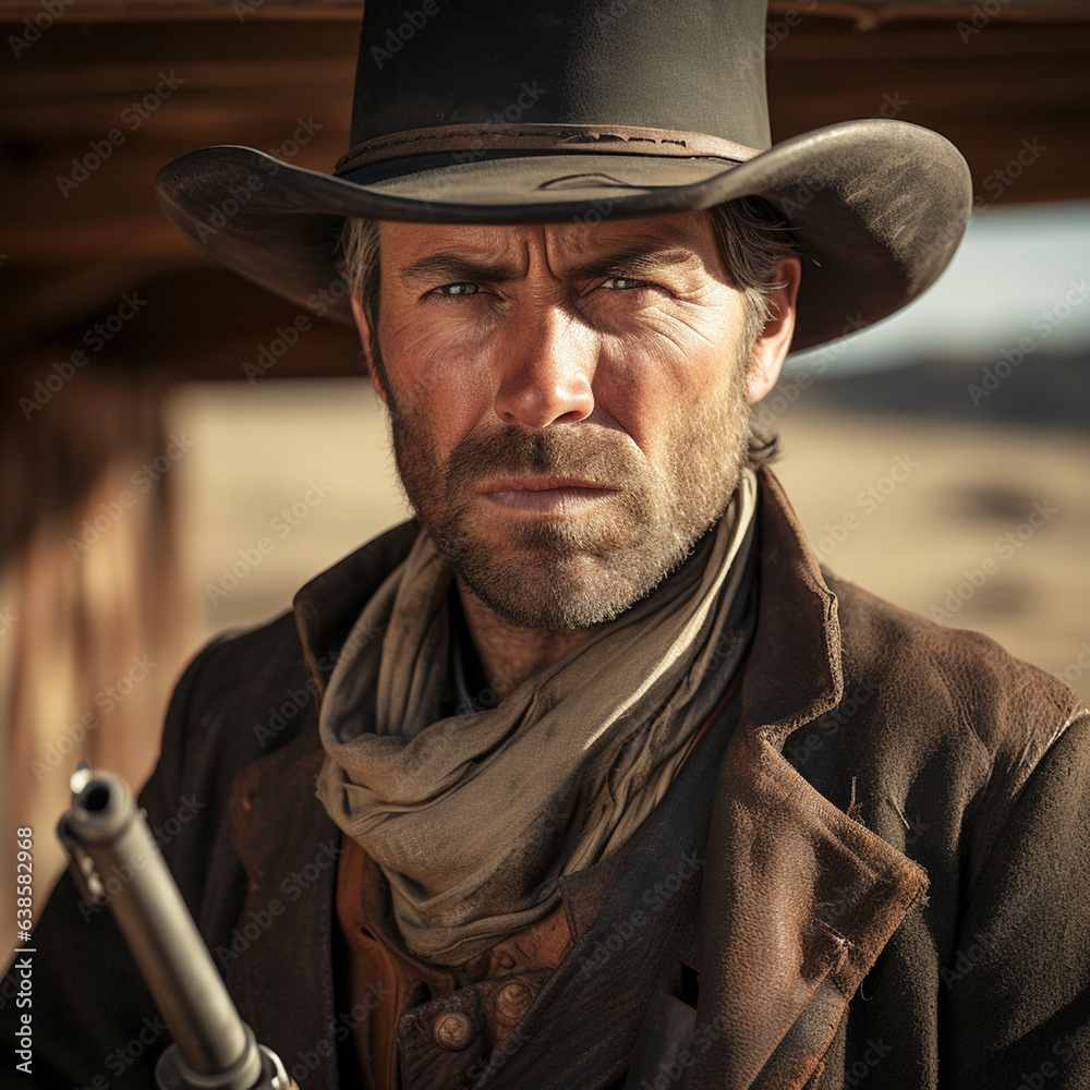 Western outlaw cowboy holding a rifle
