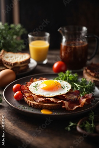 photo bacon and egg breakfast on wooden table