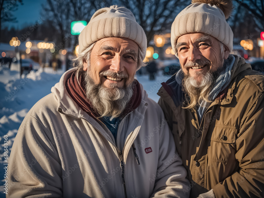 Homeless men on the street smiling Homeless men on the street smiling