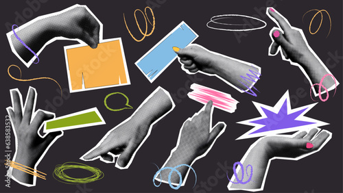 Fotografiet Collage of hands gestures with notes empty space for text in vintage halftone style