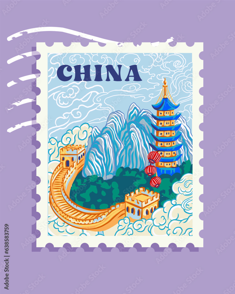 Chinese postage stamp, hand drawn, beautiful collection stamp of Asian country, image of China in architecture and landscape
