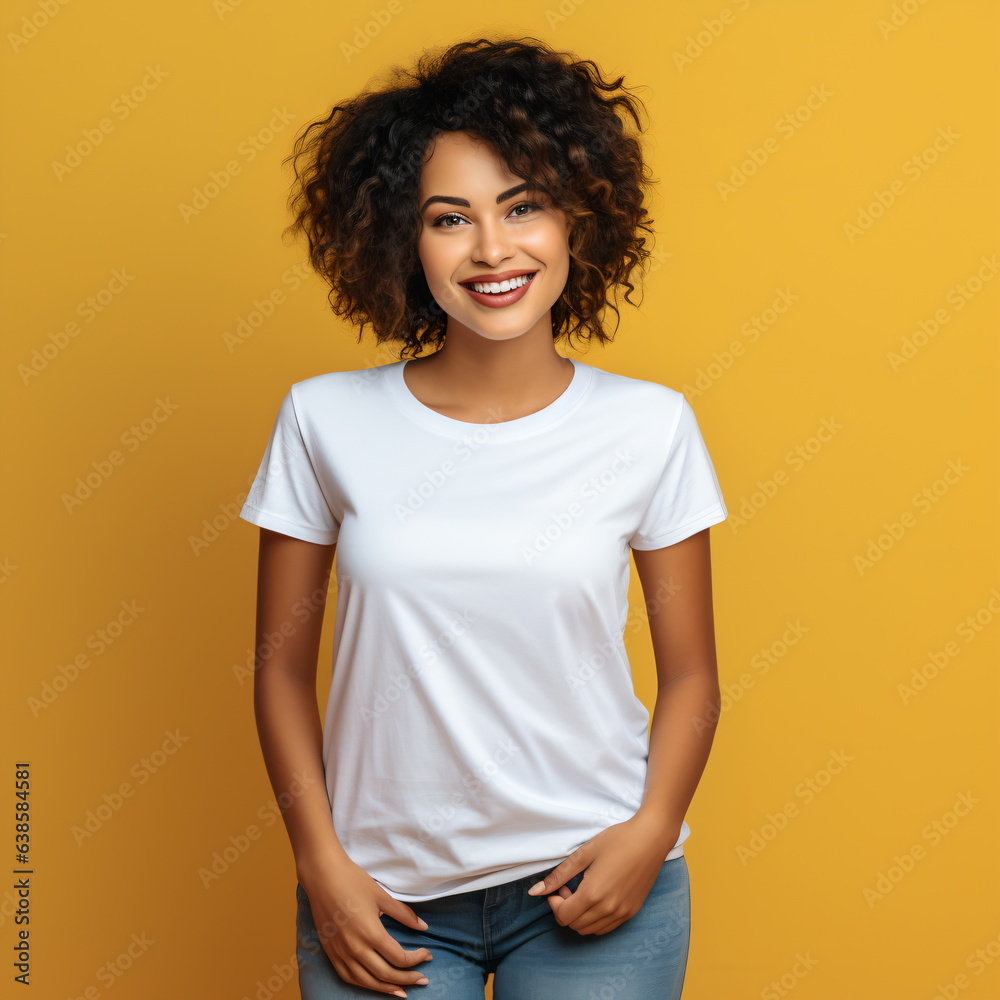 Sexy woman in a white T-shirt on the orange background. Mock-up. Sexy woman in a white T-shirt on the orange background. Mock-up.