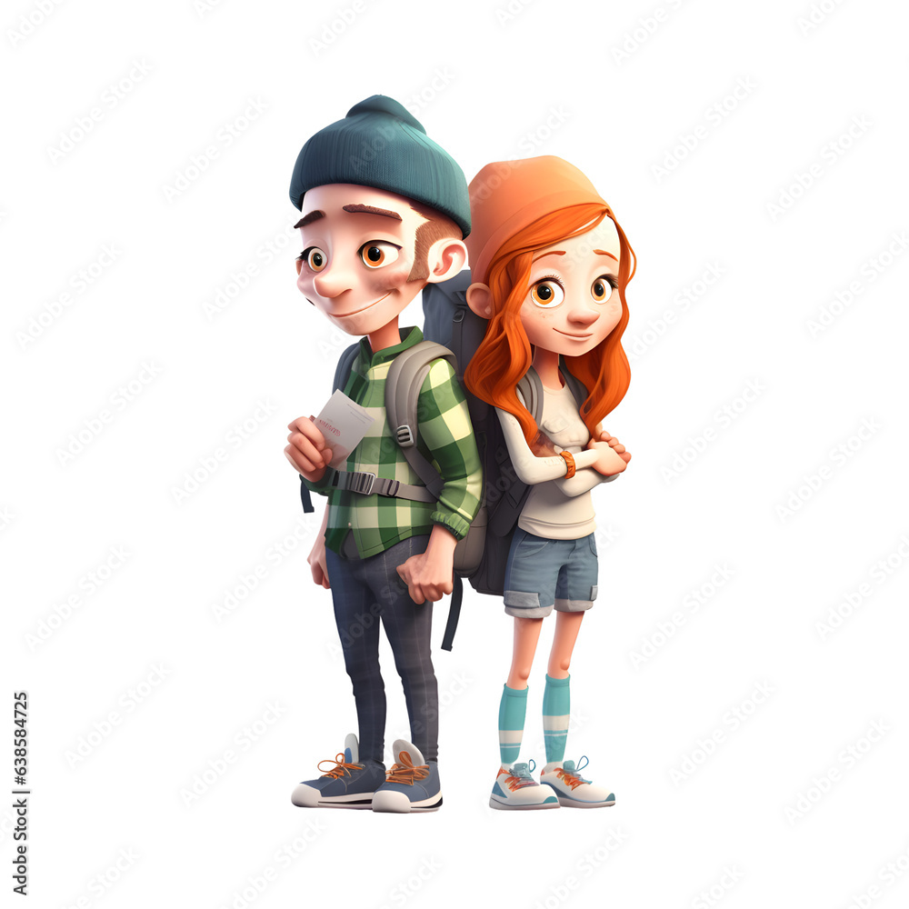 3D Render of a Little Boy and Girl with Backpacks on White Background