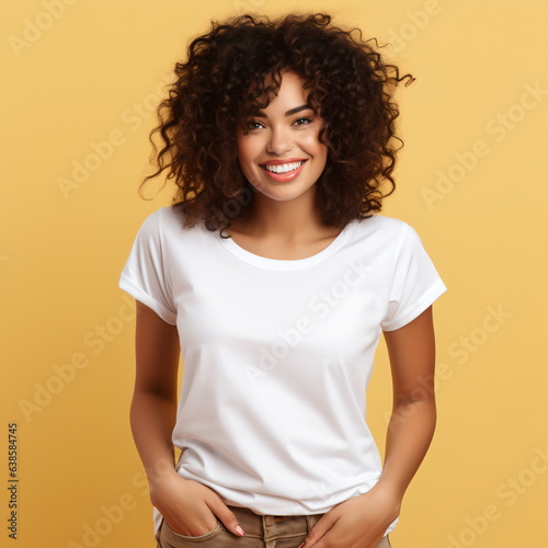 Sexy woman in a white T-shirt on the orange background. Mock-up. © duyina1990