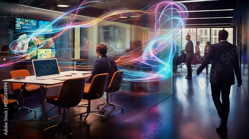 Dynamic AI in Action: Light Trails and Abstract Colors in a Modern Office Setting