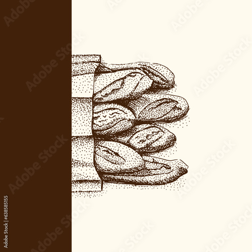 Baguete, pão, vetor, desenho a mão, rachuras, rústico (ID: 638585155)