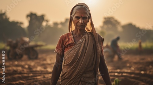 farm worker woman standing in front of the blurred camera