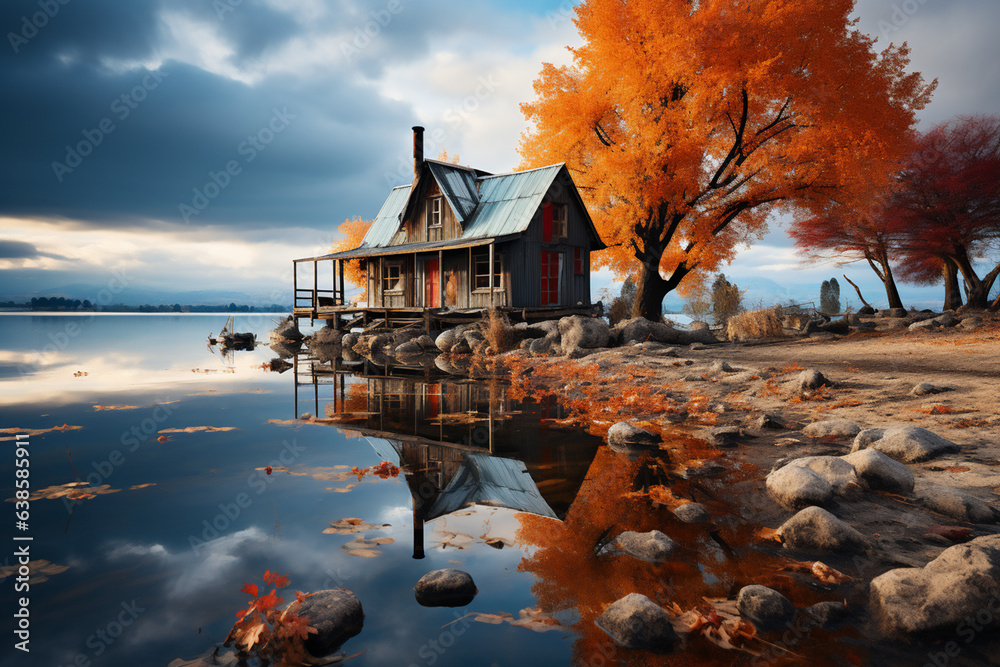 Beautiful sunrise over a lake with wooden house.