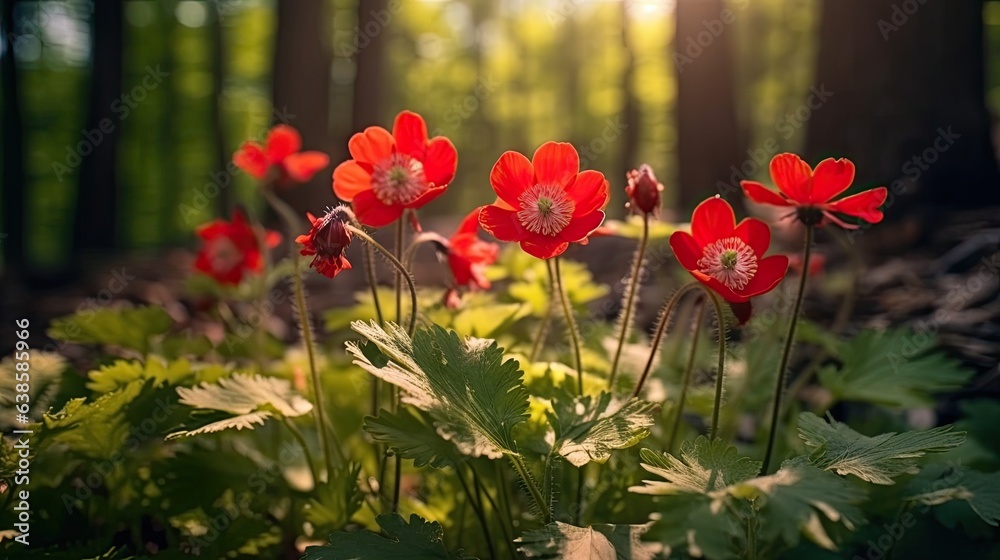 Beautiful red anemone flowers in the forest. Spring background Beautiful red anemone flowers in the forest. Spring background