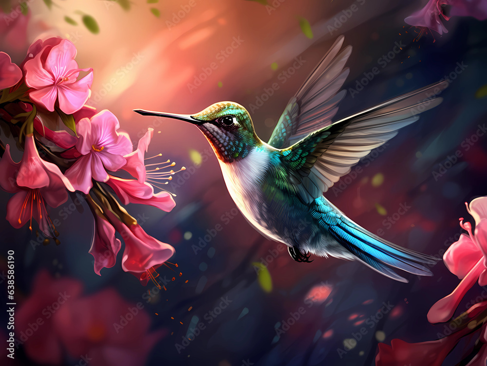 Naklejka premium Hummingbird in flight against blurred background hovering near bunch of pink flowers, seeking nectar.