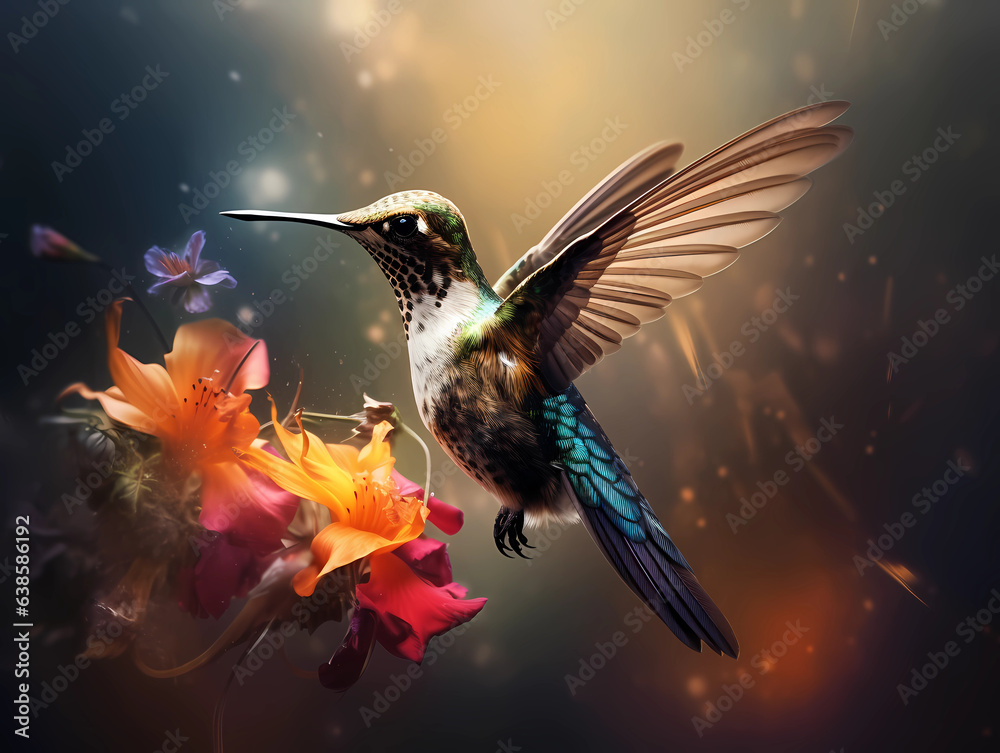 Fototapeta premium Hummingbird in flight against blurred sky hovering near bunch of flowers, seeking nectar.