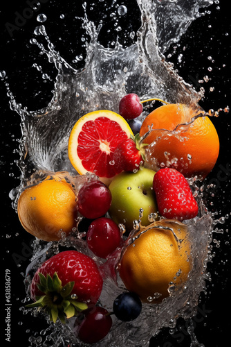 Fresh fruits with water splash on black background.