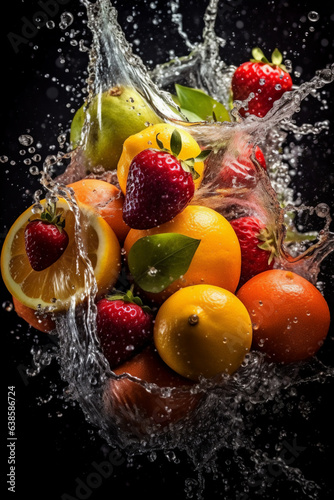 Fresh fruits with water splash on black background.