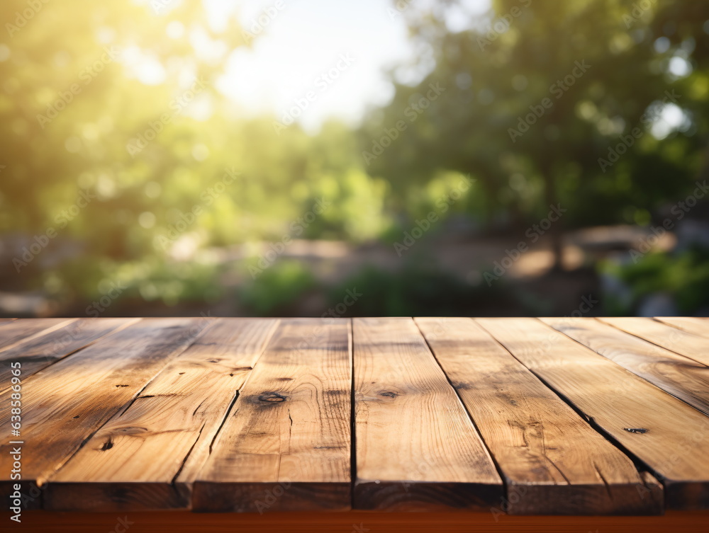 Wooden floor perspective and green forest with ray of light. Wooden floor perspective and green forest with ray of light.