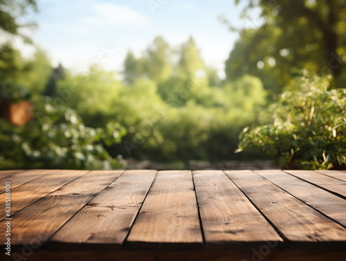 Wooden floor perspective and green forest with ray of light.