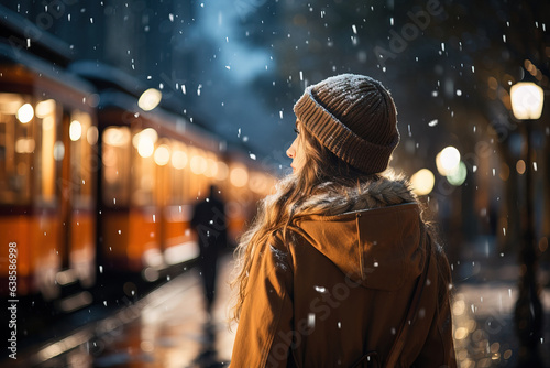 A young girl on the street in winter looks sadly at a tram moving away from her. The concept of farewell, separation. AI generation