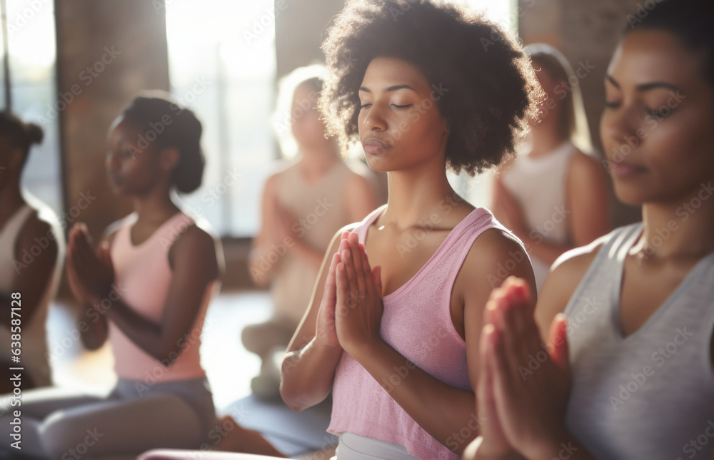 A multiracial group of women meet at a yoga studio, where they learn together to practice techniques that reduce stress and anxiety with an instructor