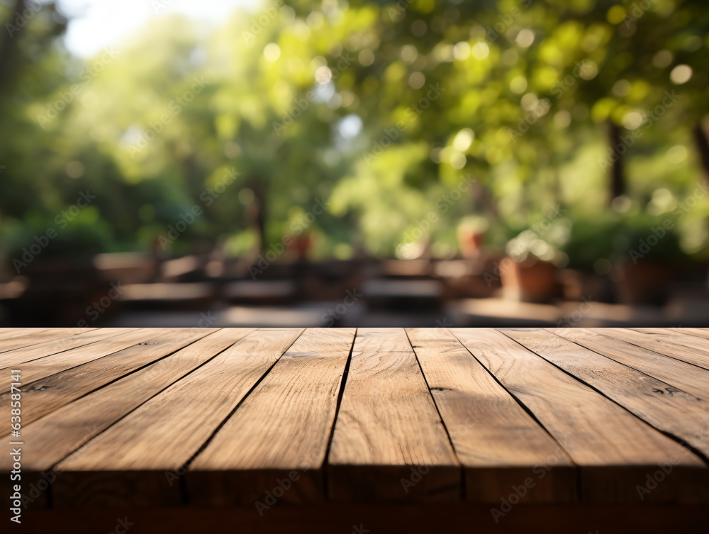 Wooden floor perspective and green forest with ray of light. Wooden floor perspective and green forest with ray of light.