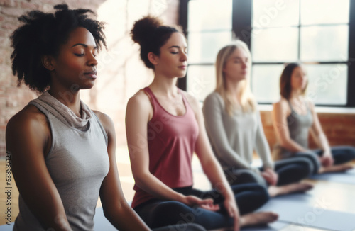 A diverse group of young women in a yoga studio learning breathing techniques to decrease their levels of stress and anxiety  and to attain better sleep quality.breathwork concept