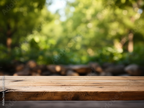 Wooden floor perspective and green forest with ray of light.