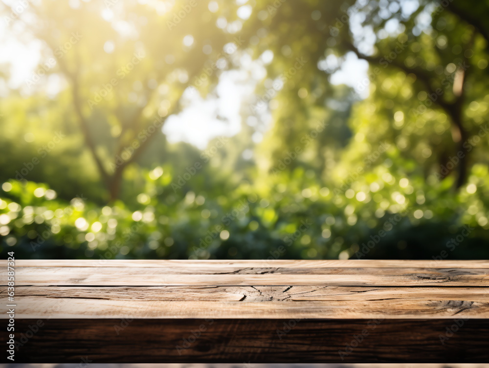 Wooden floor perspective and green forest with ray of light. Wooden floor perspective and green forest with ray of light.