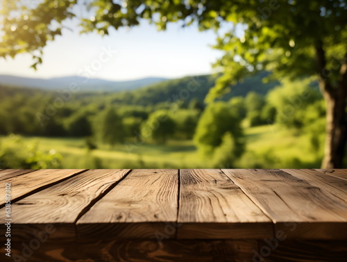 Wooden floor perspective and green forest with ray of light.