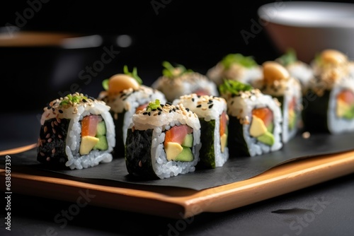 sushi rolls with avocado, fish meat, and tuna