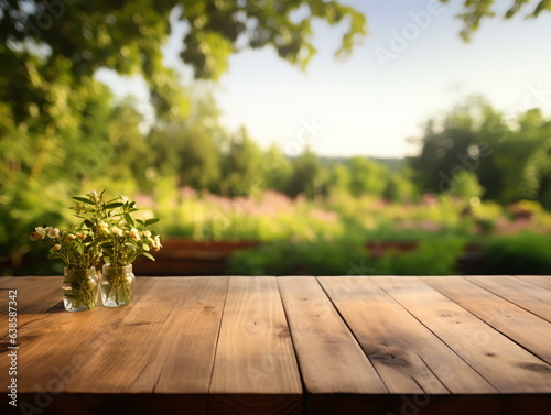 Wooden floor perspective and green forest with ray of light.