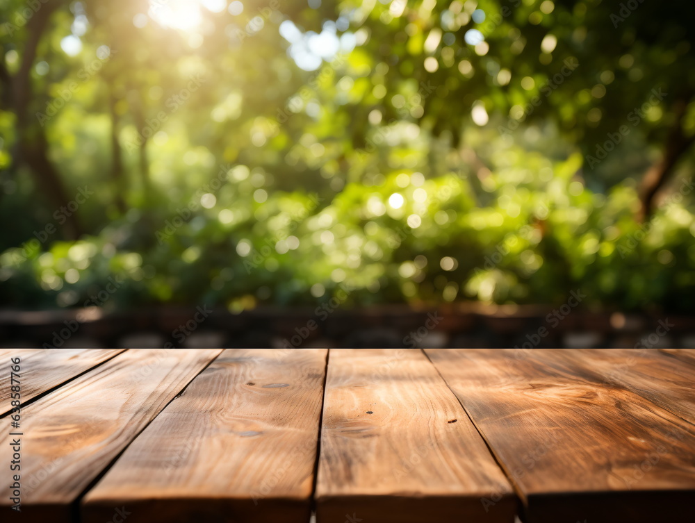Wooden floor perspective and green forest with ray of light. Wooden floor perspective and green forest with ray of light.