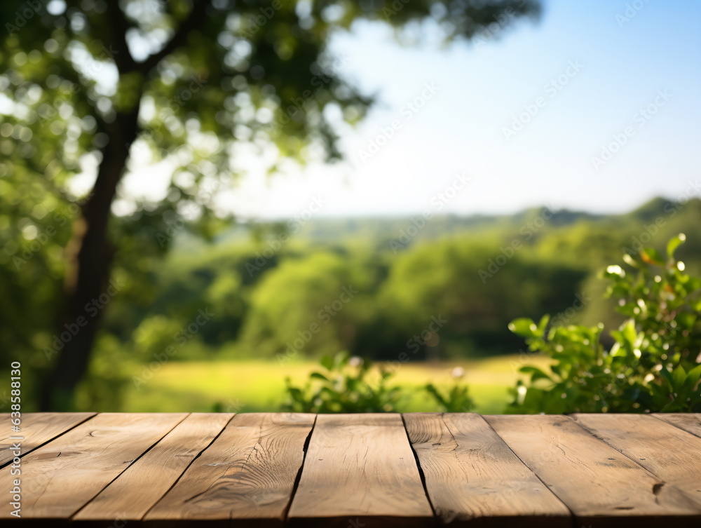 Wooden floor perspective and green forest with ray of light. Wooden floor perspective and green forest with ray of light.
