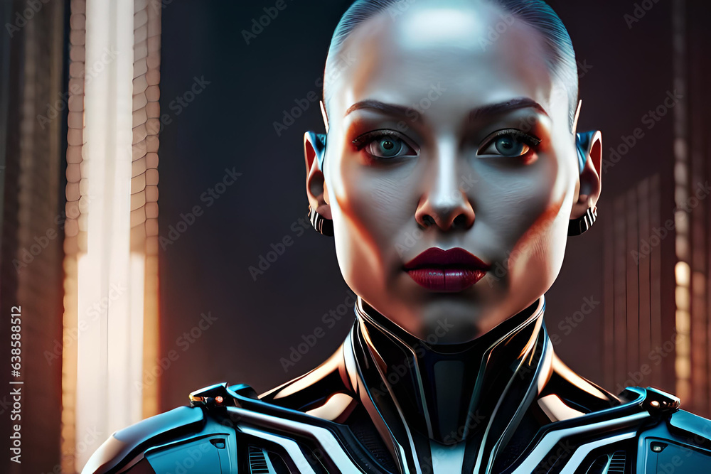A woman with a robot face and a face painted in silver A woman with a robot face and a face painted in silver