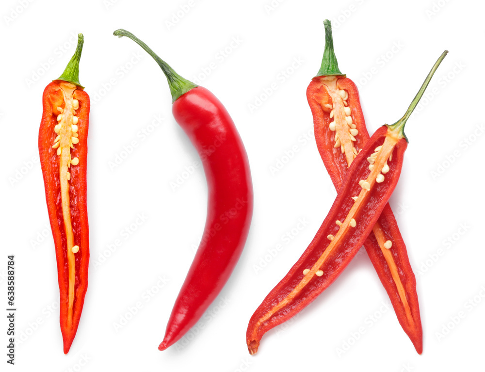 Red chili peppers on white background, top view - obrazy, fototapety, plakaty 