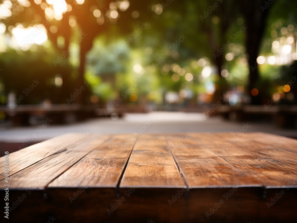 Wooden floor perspective and green forest with ray of light. Wooden floor perspective and green forest with ray of light.