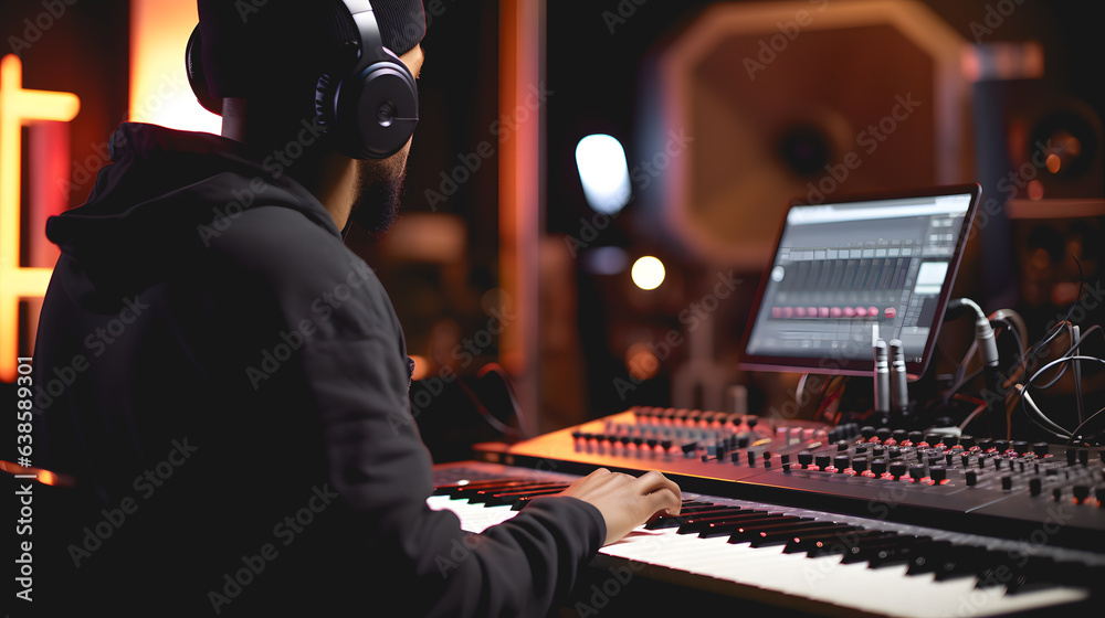 Un producteur de son en train de faire des réglages sur une table de mixage dans son studio.