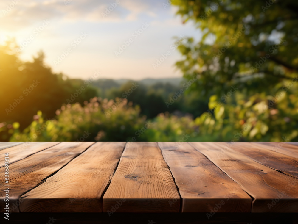 Wooden floor perspective and green forest with ray of light. Wooden floor perspective and green forest with ray of light.