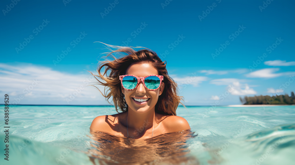 Une femme en train de se baigner dans un lagon tropical avec ses lunettes de soleil. 