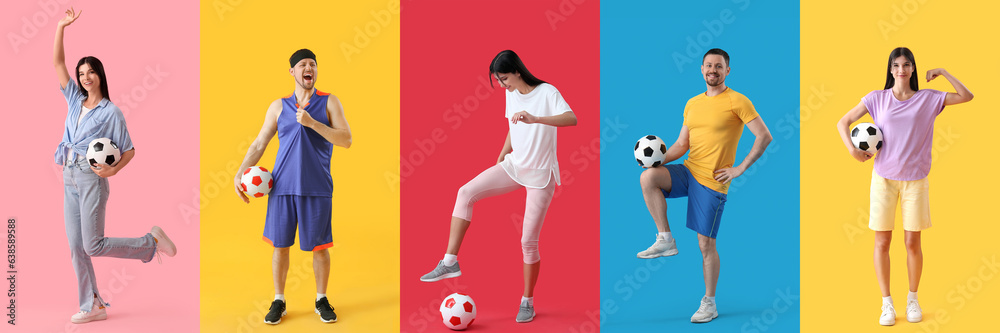 Set of people with soccer balls on colorful background Set of people with soccer balls on colorful background