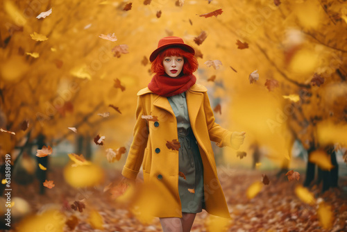 Young beautiful girl with red hair wearing yellow coat and red hat walking surrounded by falling leaves in park. Autumn and fall concept. Generative Ai