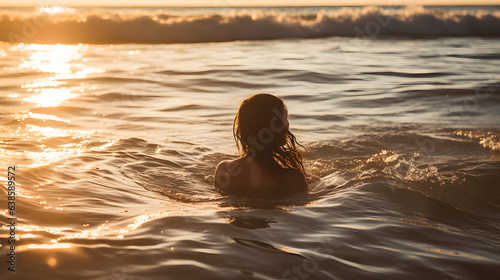 Une femme en train de se baigner dans la mer avec des vagues et un coucher de soleil en arri  re-plan.
