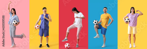 Set of people with soccer balls on colorful background
